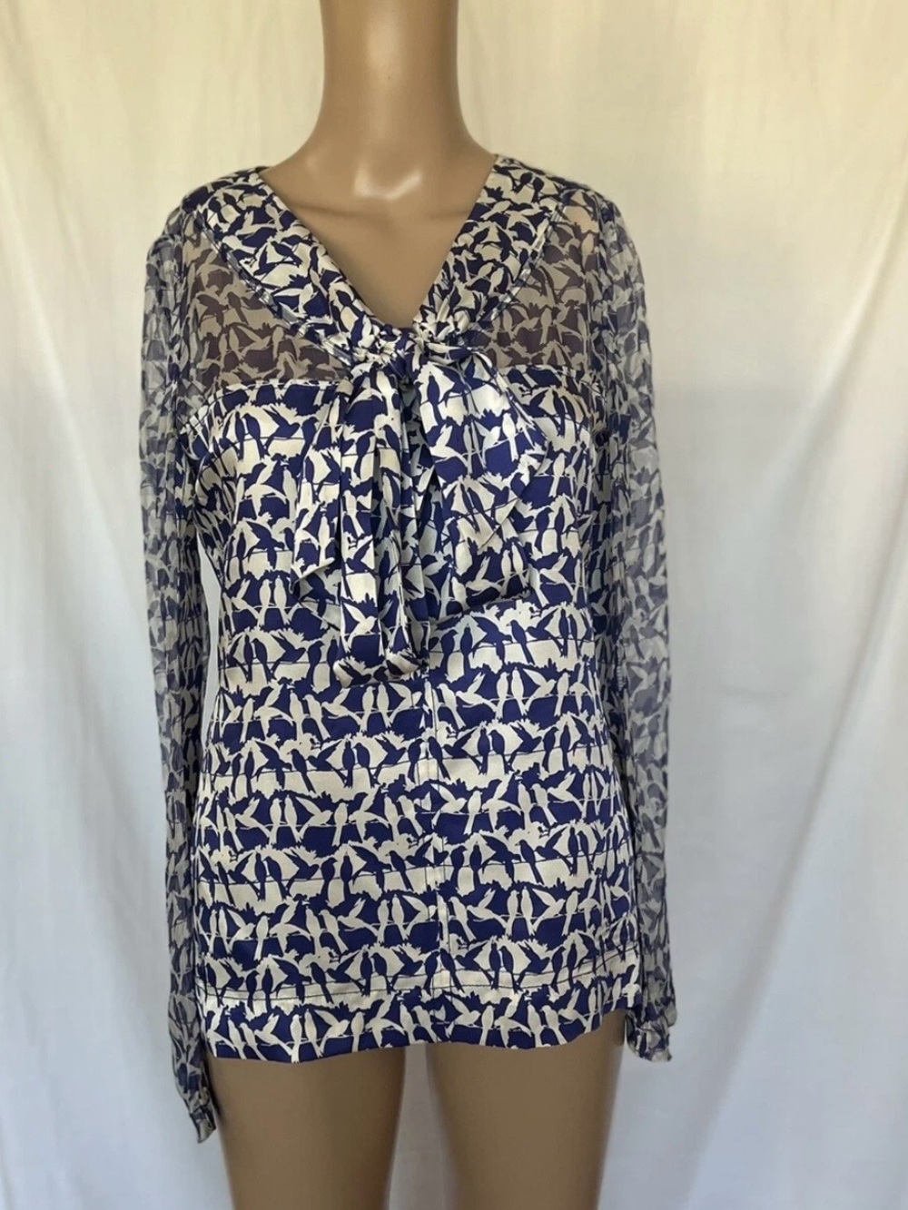 Tory Burch Navy and White Bird Print Silk Blouse with Sheer Sleeves